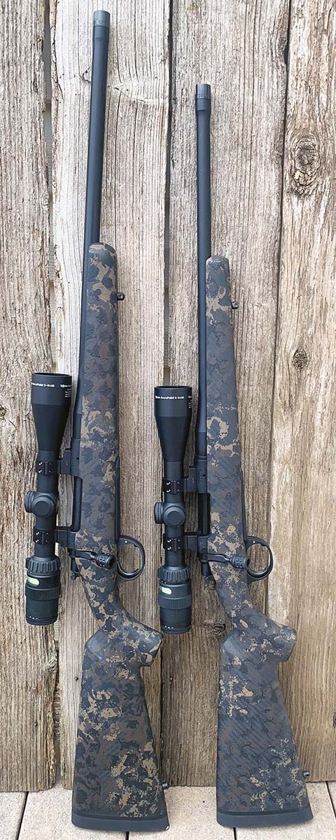 Comparison shot of the Model 20 (left) and the Model 20S Mini Action. Very handsome, accurate, lightweight rifles. Barrels are threaded for suppressors or brakes.